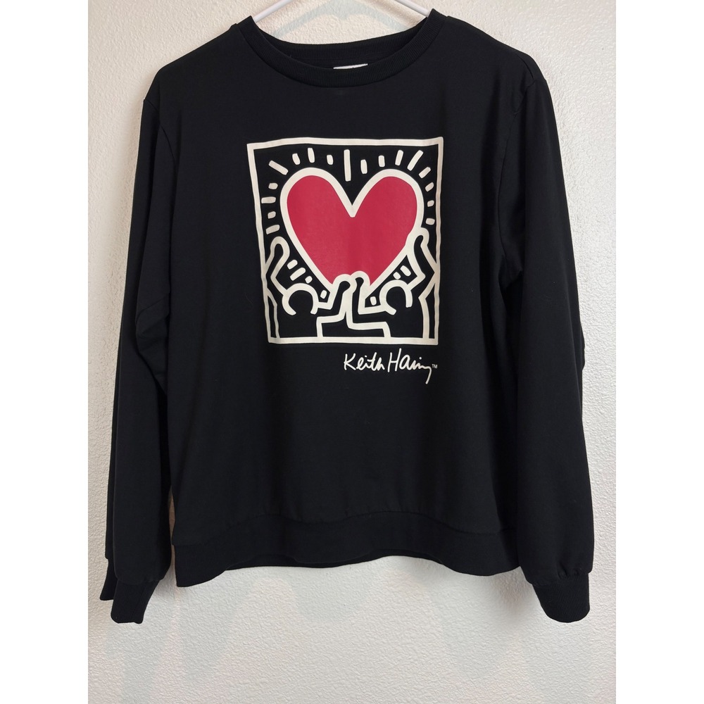 Keith Haring Sweatshirt Black Graphic Heart Medium Pop Art Fleece 80s Style Cozy
